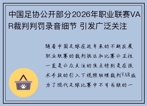 中国足协公开部分2026年职业联赛VAR裁判判罚录音细节 引发广泛关注